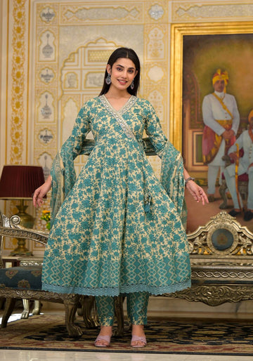 Varanga Women Floral Printed V-Neck Mirror Embellished Angrakha Anarkali Kurta Paired With Printed Bottom And Dupatta